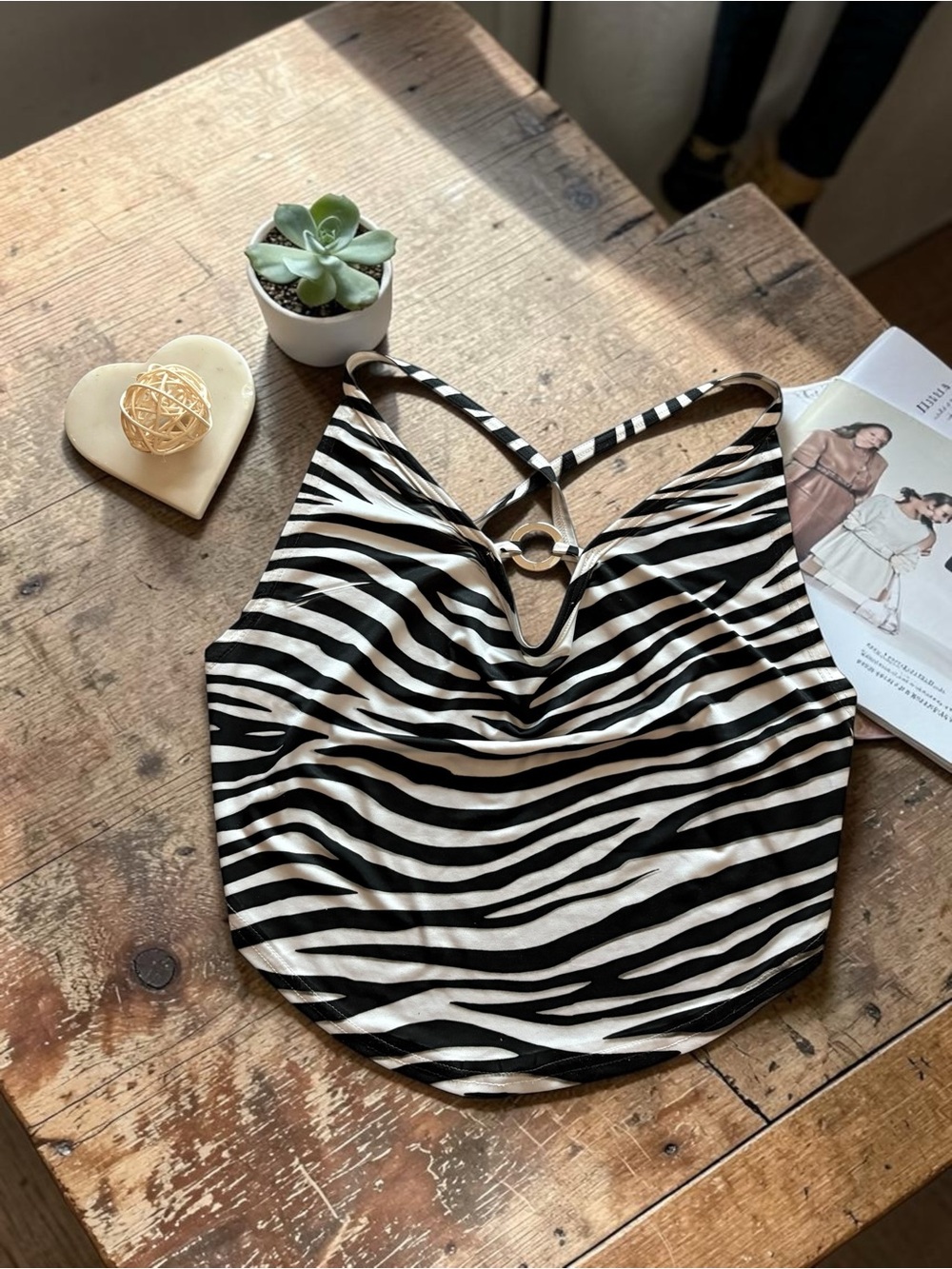 Zebra Print Halter Top O-Ring Detail Satin Y2K Animal Print Tank